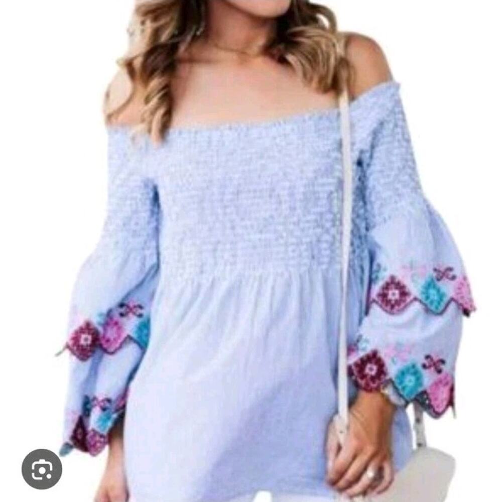 Loft Women's Off The Shoulder Blouse Sz S Embroidered Flare Sleeves Boho Smocked - Picture 8 of 8